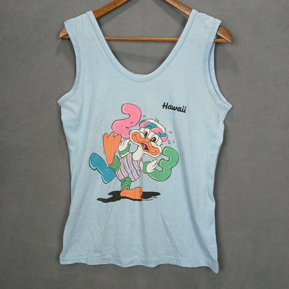 Super Shirt Tank Top Womens Large Light Blue Cotton Graphic Hawaii Duck - Picture 1 of 12